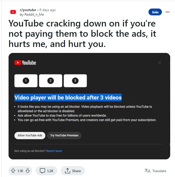 YouTubeが広告ブロッカー利用者に警告を表示するテスト　広告ブロックやめるかプレミアム登録促す