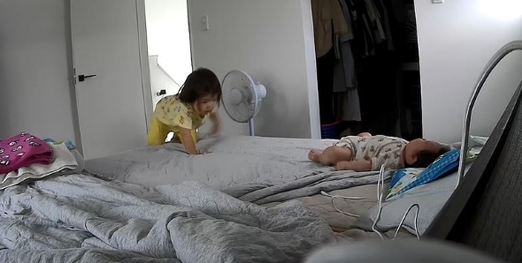 ベッドの上に飛び乗る画像