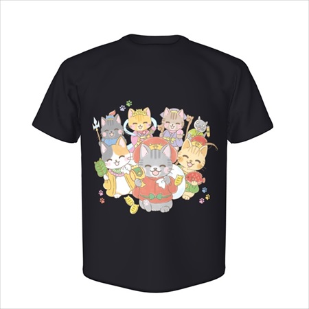 猫ッチョファミリー【猫ッチョファミリー】幸せを運ぶ七福ニャンTシャツ【ブラック】（3150〜3350円）