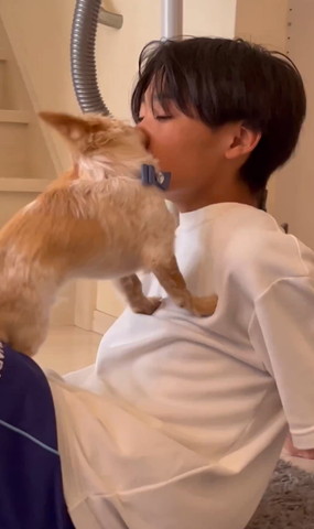 白いTシャツお兄ちゃんにチューするワンコアップ