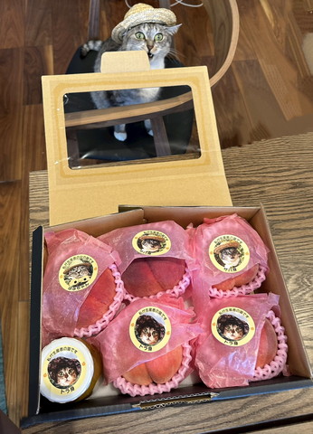 桃の後ろに口あけた猫