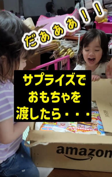 双子の娘におもちゃをサプライズでプレゼント