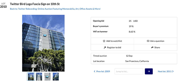 XがTwitterからのブランディング変更のため資産を競売へ　青い鳥の看板などが3600円から開始