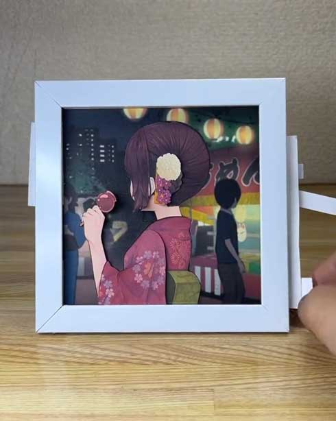 動くイラスト 夏祭りの彼女 紙工作 作品 アート ぺーパークラフト