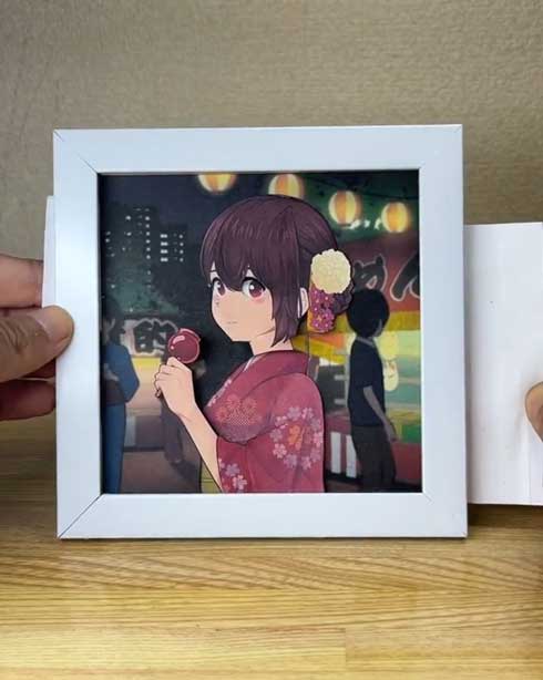 動くイラスト 夏祭りの彼女 紙工作 作品 アート ぺーパークラフト