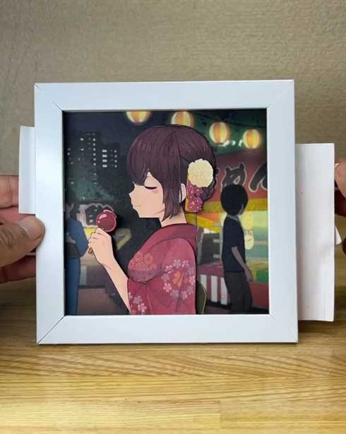 動くイラスト 夏祭りの彼女 紙工作 作品 アート ぺーパークラフト