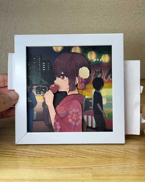 動くイラスト 夏祭りの彼女 紙工作 作品 アート ぺーパークラフト