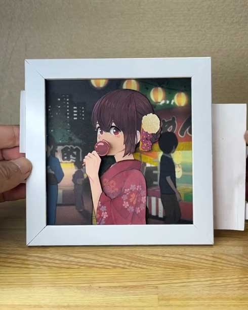 動くイラスト 夏祭りの彼女 紙工作 作品 アート ぺーパークラフト