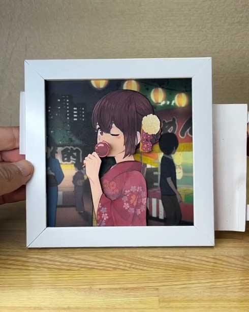 動くイラスト 夏祭りの彼女 紙工作 作品 アート ぺーパークラフト