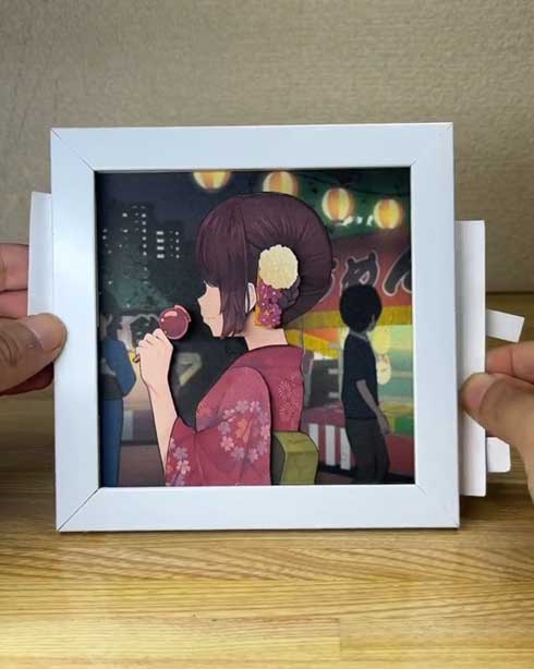 動くイラスト 夏祭りの彼女 紙工作 作品 アート ぺーパークラフト