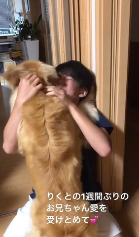 お兄ちゃんの右肩に顔のせるワンコ