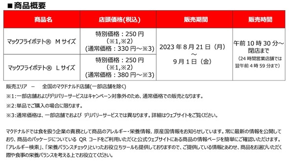 日本マクドナルド マックフライポテト M・Lサイズ250円