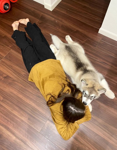 飼い主とうつ伏せ子犬