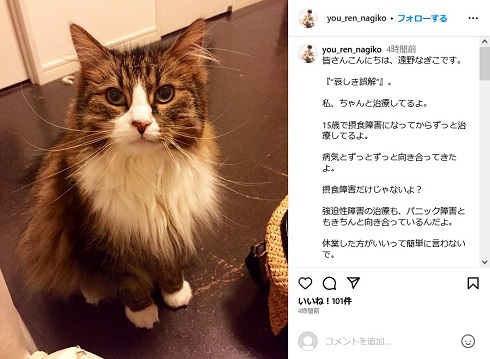 摂食障害当事者として誤解を受けていると反論した遠野なぎこ