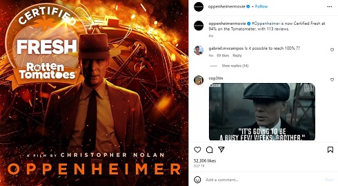 米映画レビューサイト「ロッテントマト」の高評価を知らせる投稿