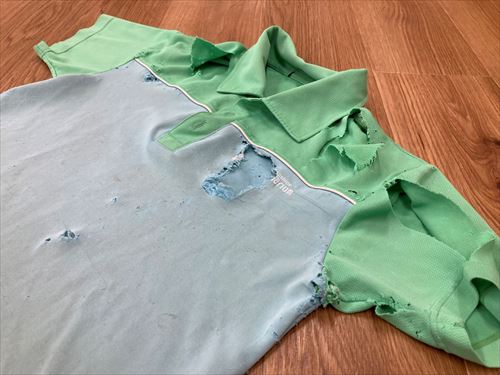 カワウソの攻撃を受けた飼育スタッフのシャツ