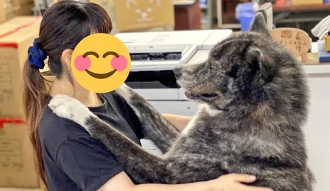 お姉さんの肩に前足のせるワンコ