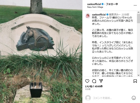 ファームで暮らしていた最高齢の馬が旅立ったことを報告する紗栄子