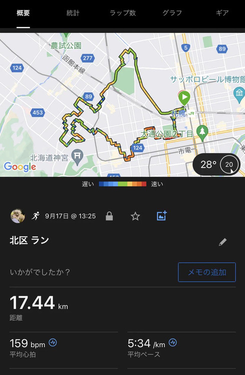 北海道　ジョギング　GARMIN Connect