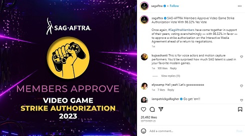 米俳優組合会員によるビデオゲーム制作者へのスト承認を知らせる投稿