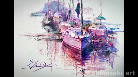 おじいちゃん先生 絵画講師 柴崎 クレヨン 海に浮かぶ ヨット 風景 制作過程