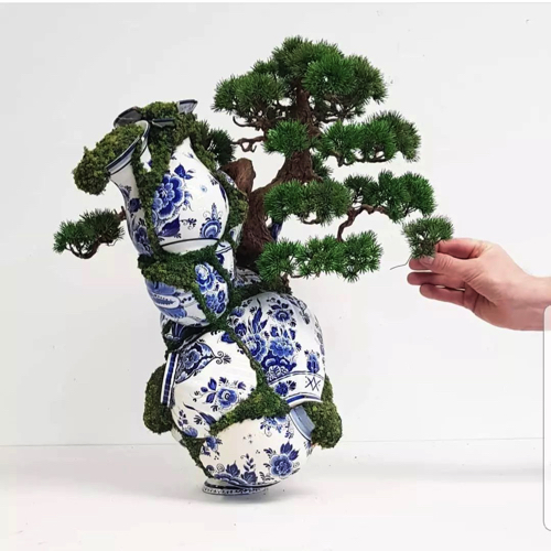 割れた陶器を使った盆栽アート