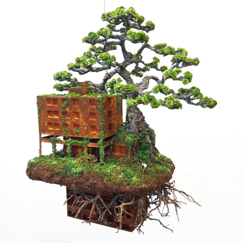 割れた陶器を使った盆栽アート