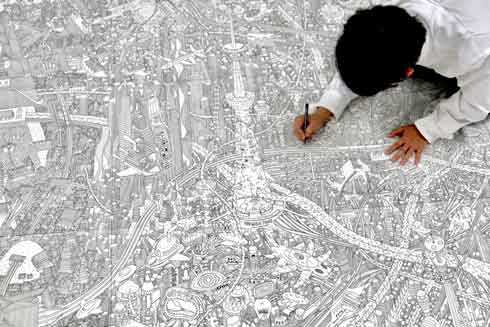 卒業制作 イラスト 絵 緻密 空想の都市 紙とペン 芸術