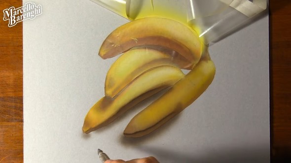 紙の上に描かれた本物そっくりのバナナの絵