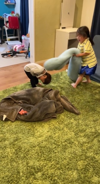 姉の攻撃をかわす弟