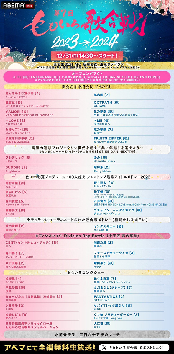 「第7回 ももいろ歌合戦」のタイムテーブルと組み分け