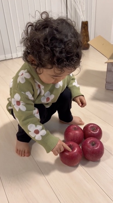 床にりんごを並べる男の子