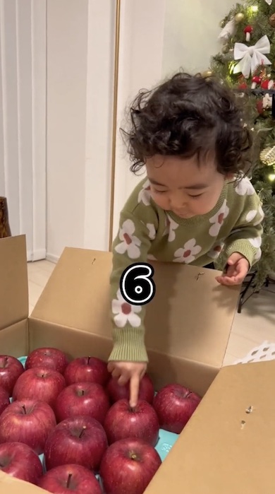 りんごを指差し6と数えている男の子