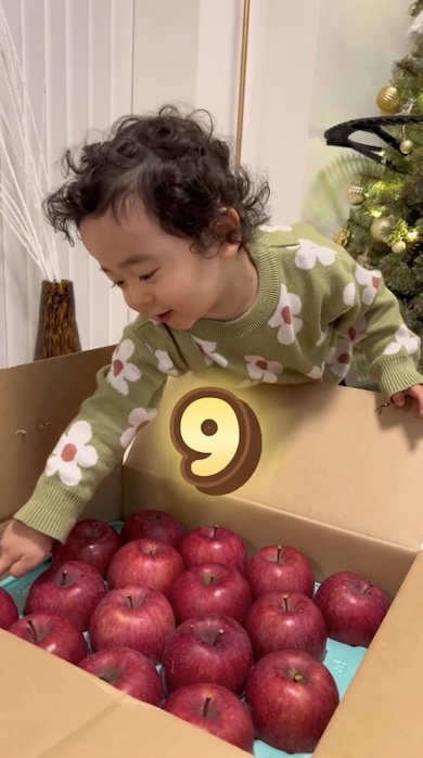 りんごを指さし9と数えている男の子