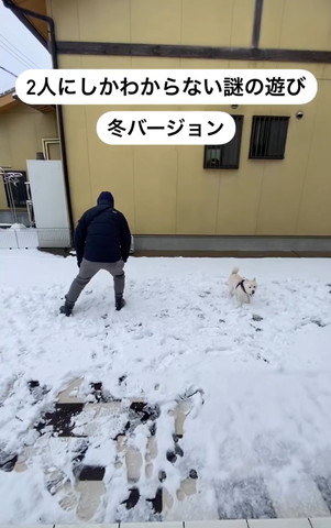 雪の中左にパパ右にワンコ