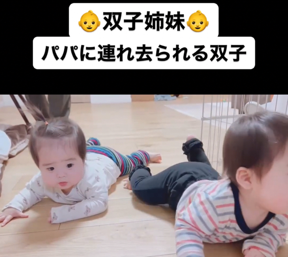 仲良くずりばいをしている双子の赤ちゃん