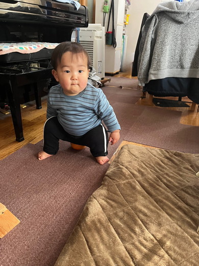 グレープフルーツに座る1歳の息子くん