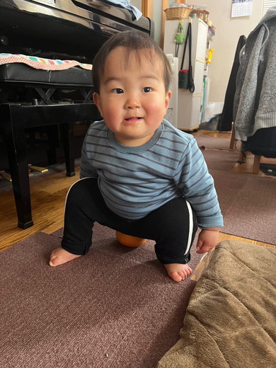 グレープフルーツに座る1歳の息子くん