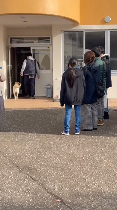 建物に入っていくワンコ