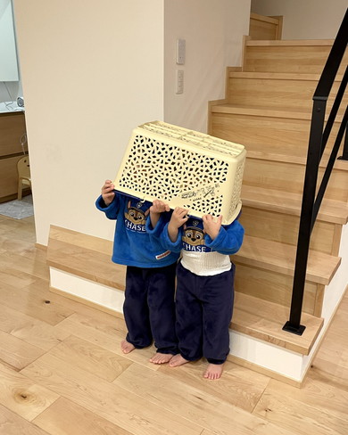 バスケットをかぶる幼い兄弟
