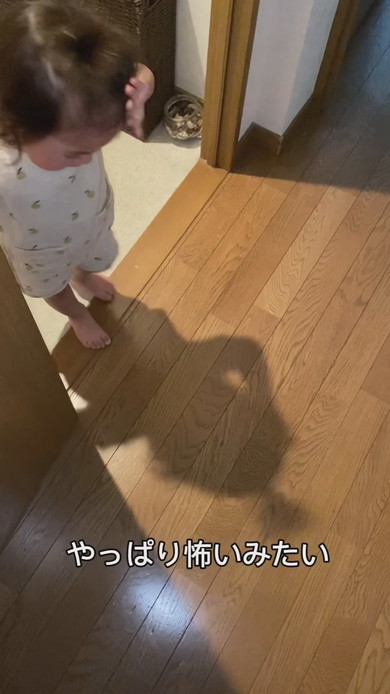 影の存在に気づき怖がる1歳の女の子