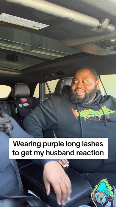 紫つけまつげを装着した妻に対する夫のプライスレスなリアクション
