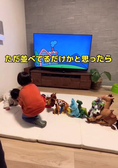 おもちゃを並べて『おおきなかぶ』を再現する3歳児