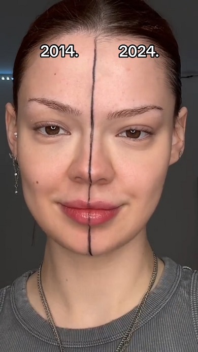 半顔メイクで2014年と2024年の方法を比較