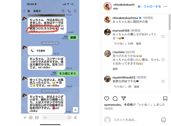 高嶋ちさ子と姉・みっちゃんのLINE