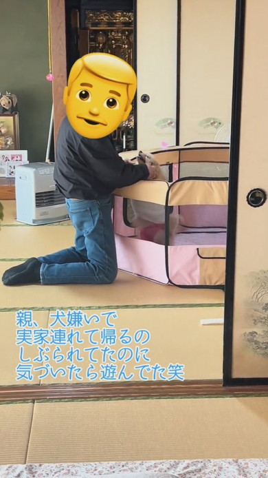 ポメラニアンのワンコをかわいがる男性