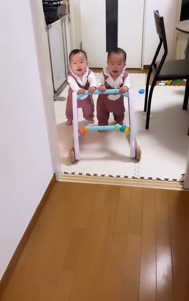 おもちゃを押す双子姉妹