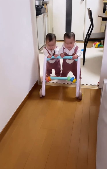 おもちゃを押す双子姉妹