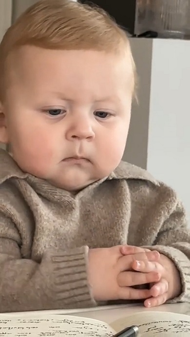 会社の重役のようにPCの画面を眺める赤ちゃん