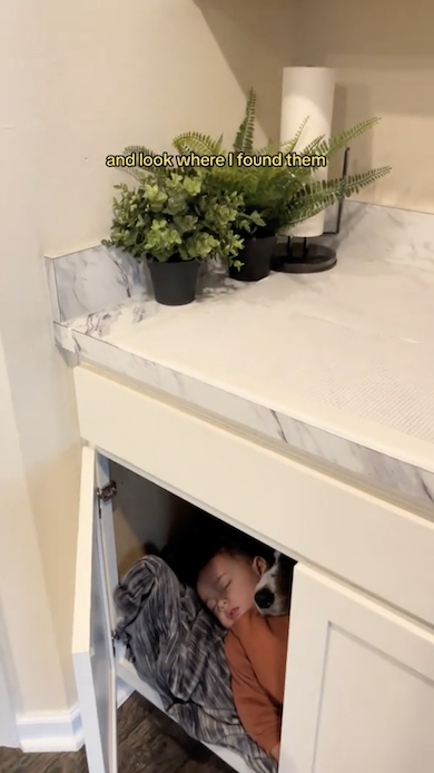 キャビネットの中に娘と愛犬